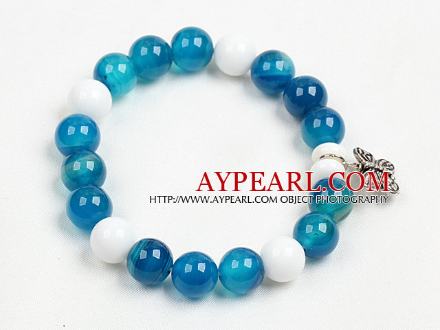 Classic Design Blue Agate And White Porcelian Beads Elastic/ Stretch Braceelt With Tibet Silver Butterfly Charm
