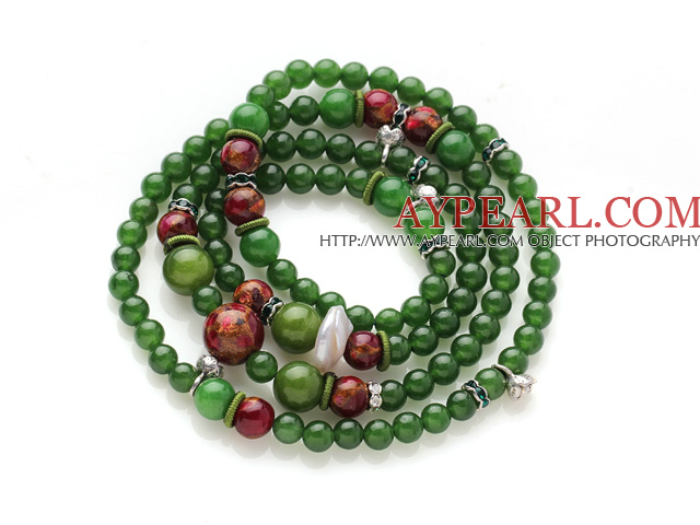 Nylig Amazing Multi Strands Round Mørk Grønn Jade og Glaze perler armbånd