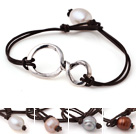 4 pcs Trendy Simple Style Single Strand Freshwater Pearl Leather Bracelet with Charm