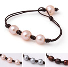 3 pcs Trendy Simple Style Single Strand Pink Grey and Brown Freshwater Pearl Leather Bracelet