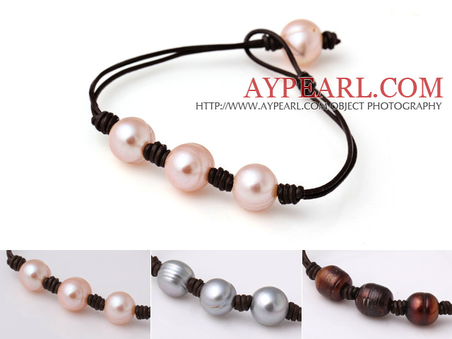 3 stk Trendy Enkel stil Enkelt Strand Pink Grey og Brown Ferskvann Pearl Leather Bracelet