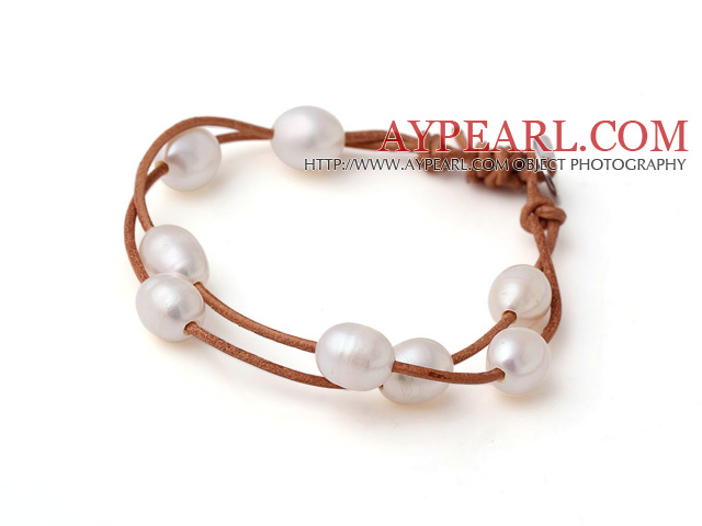 Trendy Lovely Design 2 Strands White Freshwater Pearl Bracelet with Brown Leather