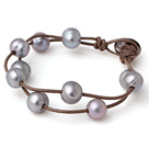 Trendy Lovely Design 2 Strands Grey Freshwater Pearl Bracelet with Brown Leather
