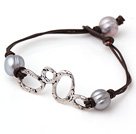 Trendy Simple Style Single Strand Grey Freshwater Pearl Leather Bracelet with Charm