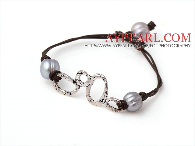 Trendy Simple Style Single Strand gri de apă dulce Pearl Bratara din piele cu Charm