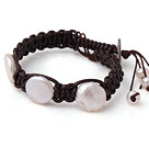 Newly Beautiful Single Strand White Button Pearl and Dark Brown Hand-knitted Leather Bracelet