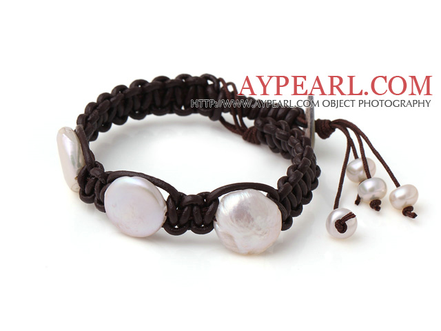 Newly Beautiful Single Strand White Button Pearl and Dark Brown Hand-knitted Leather Bracelet