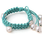 Newly Beautiful Single Strand White Freshwater Pearl Blue Hand-knitted Leather Bracelet