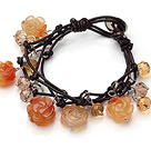 Vintage Style Flash Pink Flower Shape Crystallized Agate Charm Bracelet With Brown Leather