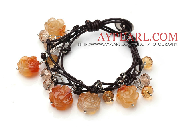 Vintage Style Flash Pink Flower Shape Crystallized Agate Charm Bracelet With Brown Leather