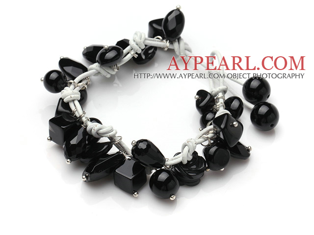 Summer Fashion Black Agate Charm Bracelet With White Leather