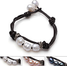 Bracelet en cuir 3 Pcs Naturel Noir Blanc Rose perle d'eau douce 