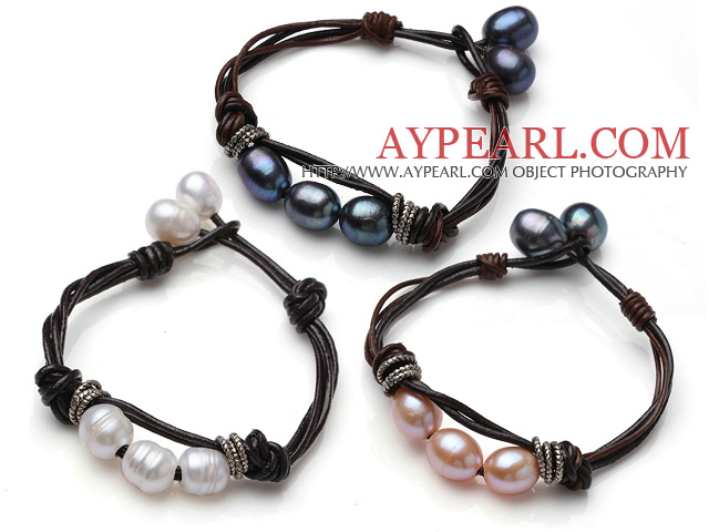 Bracelet en cuir 3 Pcs Naturel Noir Blanc Rose perle d'eau douce 