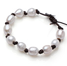 Fashion 10-11mm Natural Freshwater White Pearl Leather Bracelet