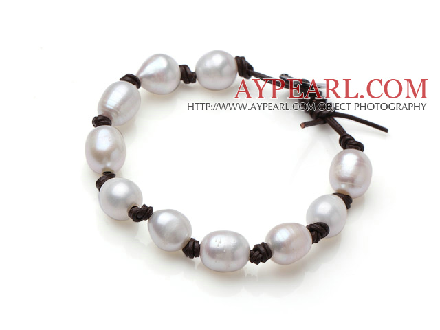 Fashion 10-11mm Natural Freshwater White Pearl Leather Bracelet