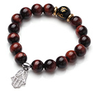 Classic Design Red Tiger Eye Stone Elastic Bracelet With Hollow Out Hand Shape Charm