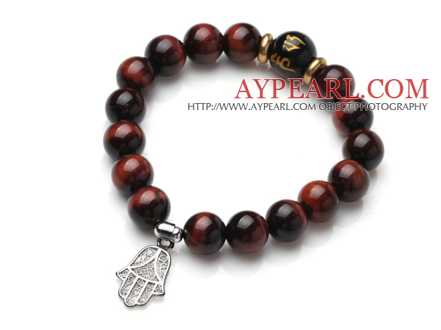 Classic Design Red Tiger Eye Stone Elastic Bracelet With Hollow Out Hand Shape Charm