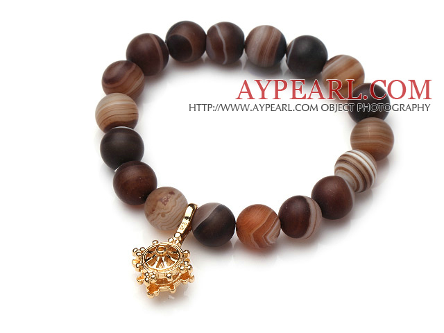 Vintage Frosted Banded Agate perler elastisk armbånd med Golden Amulet Charm 