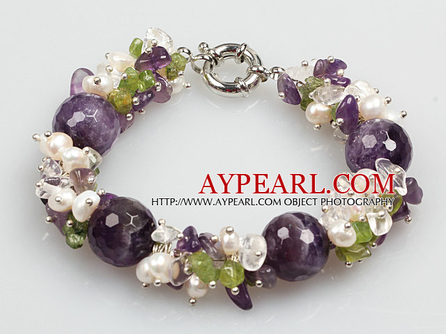 Gorgeous Summer Cluster Shape Natural White Pearl Amethyst And Olivine Bracelet With Moonlight Clasp