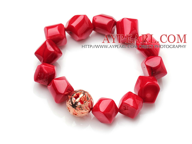 Hipanema Irregular Shape Red Coral Elastic Bracelet With Golden Ball