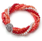 Amazing Multi Strand Twisted Natural White Pearl Red and Orange Coral Elastic Bracelet With Silver Ball