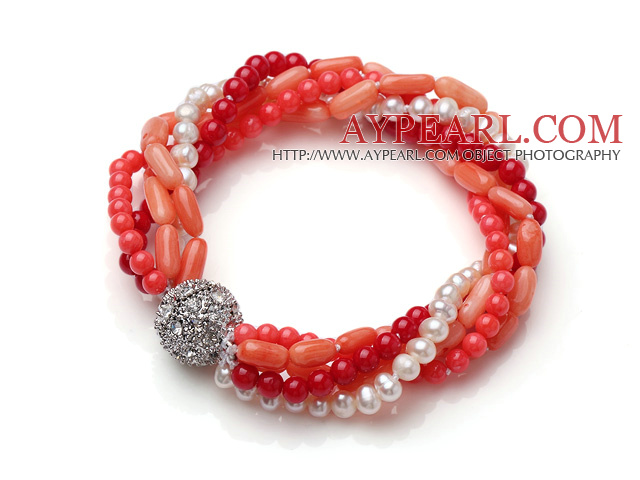 Amazing Multi Strand Twisted Natural White Pearl Red and Orange Coral Elastic Bracelet With Silver Ball