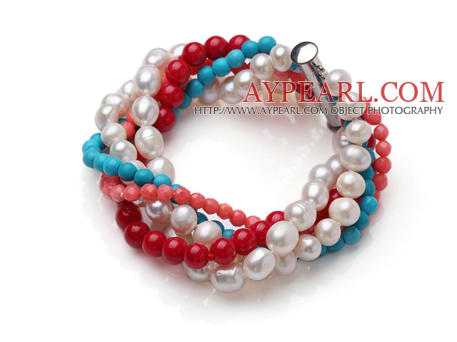 Amazing Multi Strand Twisted Natural White Pearl Red Coral Blue Turquoise Beads Bracelet