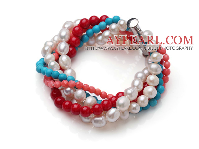 Amazing Multi Strand Twisted Natural White Pearl Red Coral albastru turcoaz margele brățară 