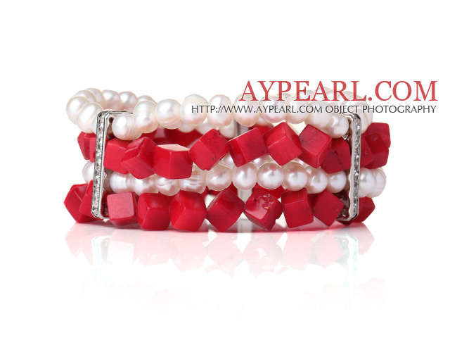 Amazing πολλαπλών Layer Φυσικό White Pearl Cube Σχήμα Red Coral βραχιόλι βαρύ βραχιόλι 