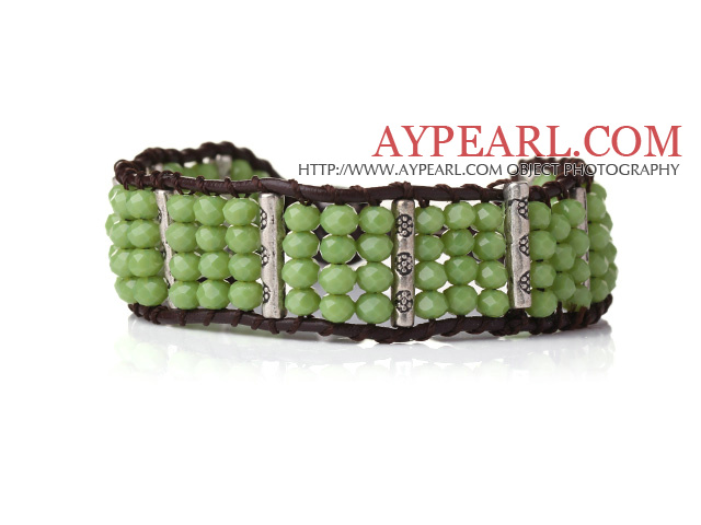 Vakker Grønn Jade-lignende Crystal Bangle Braceelt med Dark Brown Leather 