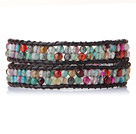 Beautiful Multi Color Faceted Agate Leather Bangle Bracelet