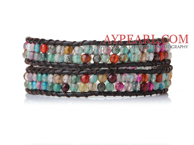 Beautiful Multi Color Faceted Agate Leather Bangle Bracelet