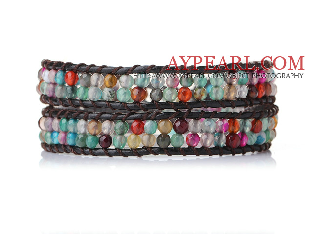 Vackra Multi Color Fasett Agate Leather Bangle Armband 