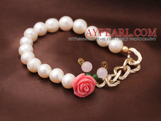 Elegant Natural Freshwater Pearl Elastic Bracelet With Rose Quartz and Acrylic Flower Charm