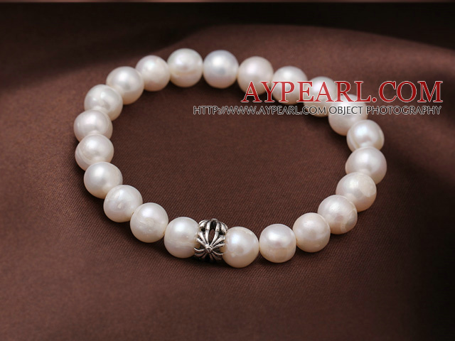 8-9mm naturlig ferskvann Pearl Elastisk armbånd med flower form Charm 