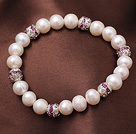 8-9mm naturlig ferskvann Pearl Elastisk armbånd med Rhinestone Ball 