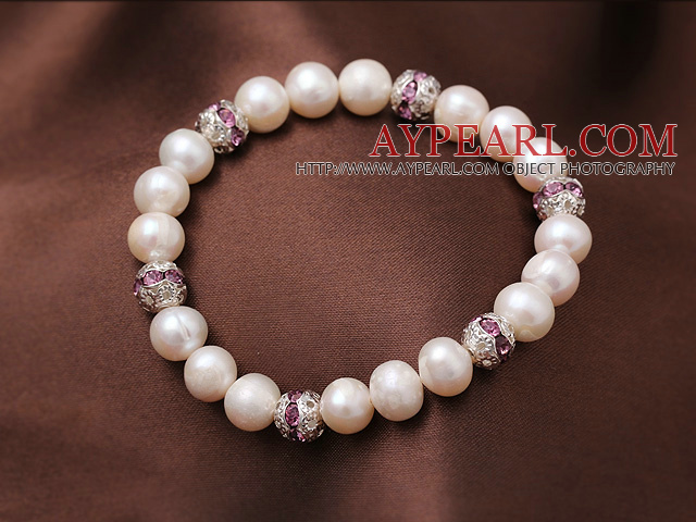 8-9mm Natural Freshwater Pearl Elastic Bracelet With Rhinestone Ball