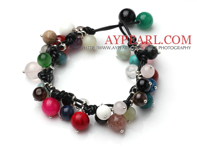 Summer Fashion Multi Color Multi Stone perler Black Leather Bracelet 