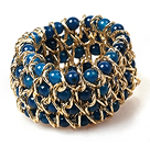 Wide Bracelet Multi Layer Blue Agate and Metal Chain Stretch Bangle Bracelet