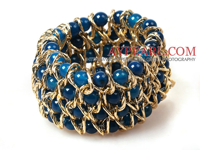 Wide Bracelet Multi Layer Blue Agate and Metal Chain Stretch Bangle Bracelet