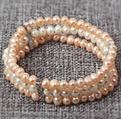 Three Layer 5-6mm Natual Pink and White Freshwater Pearl Stretch Bangle Bracelet