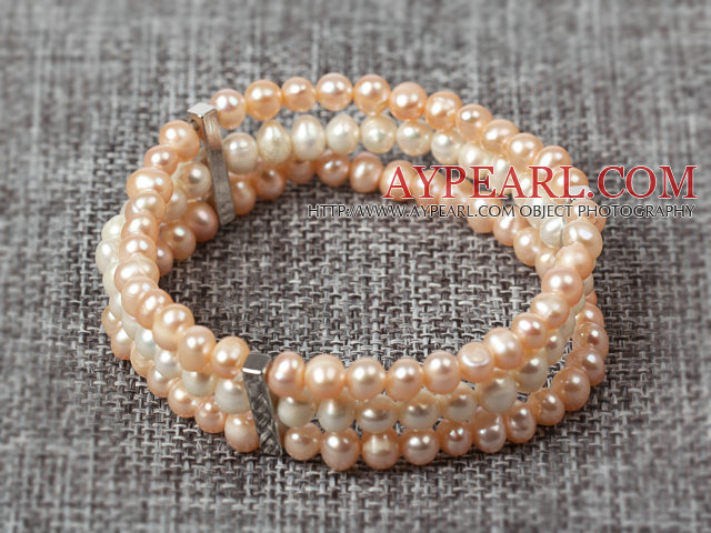 Three Layer 5-6mm Natual Pink and White Freshwater Pearl Stretch Bangle Bracelet