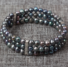 Three Layer 5-6mm Natual Black Freshwater Pearl Stretch Bangle Bracelet