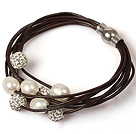 Multi Strands 10-11mm White Pearl and Rhinestone Leather Bracelet with Magnetic Clasp