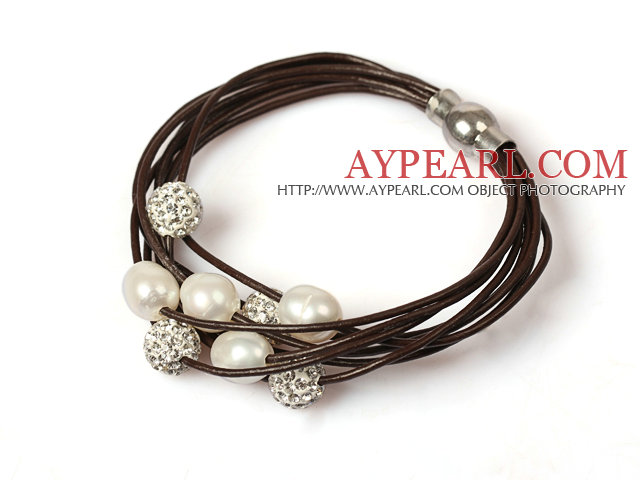 Multi Strands 10-11mm White Pearl and Rhinestone Leather Bracelet with Magnetic Clasp