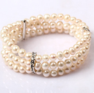 Three Layer 5-6mm Natual White Freshwater Pearl Stretch Bangle Bracelet