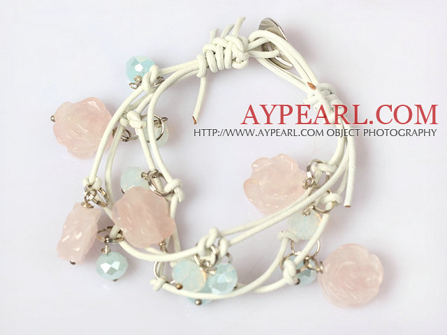 Rose Quartz Carved Flower and Crystal Leather Bracelet with Metal Clasp