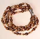 Multi Strands Coffee Brown Series Freshwater Pearl Crystal Bracelet with Magnetic Clasp