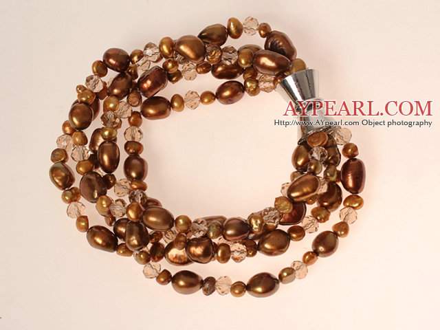 Multi Strands Coffee Brown Series Freshwater Pearl Crystal Bracelet with Magnetic Clasp