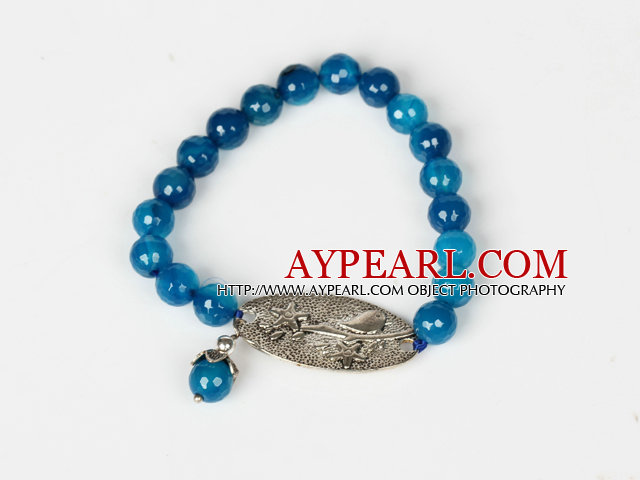 8mm Faceted Blue Agate Stretch Bracelet with Metal Bird Accessory